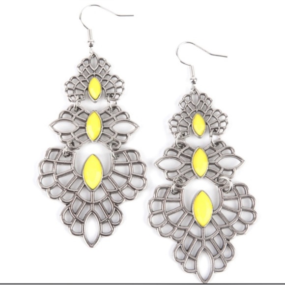 SILVER CHANDELIER EARRINGS WITH YELLOW BEADING - Picture 2 of 2